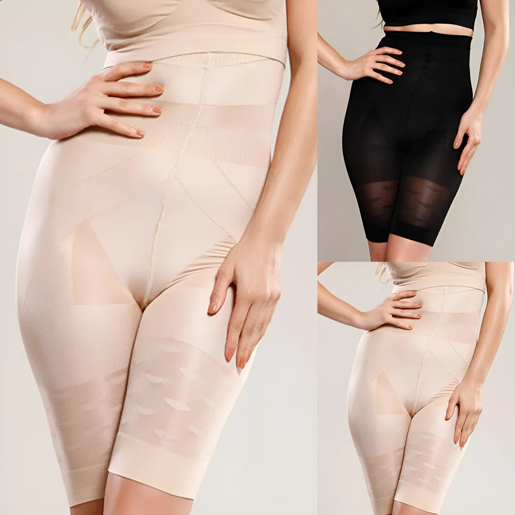 Women's black seamless high waist shapewear shorts laid flat showing tummy control panel and thigh length