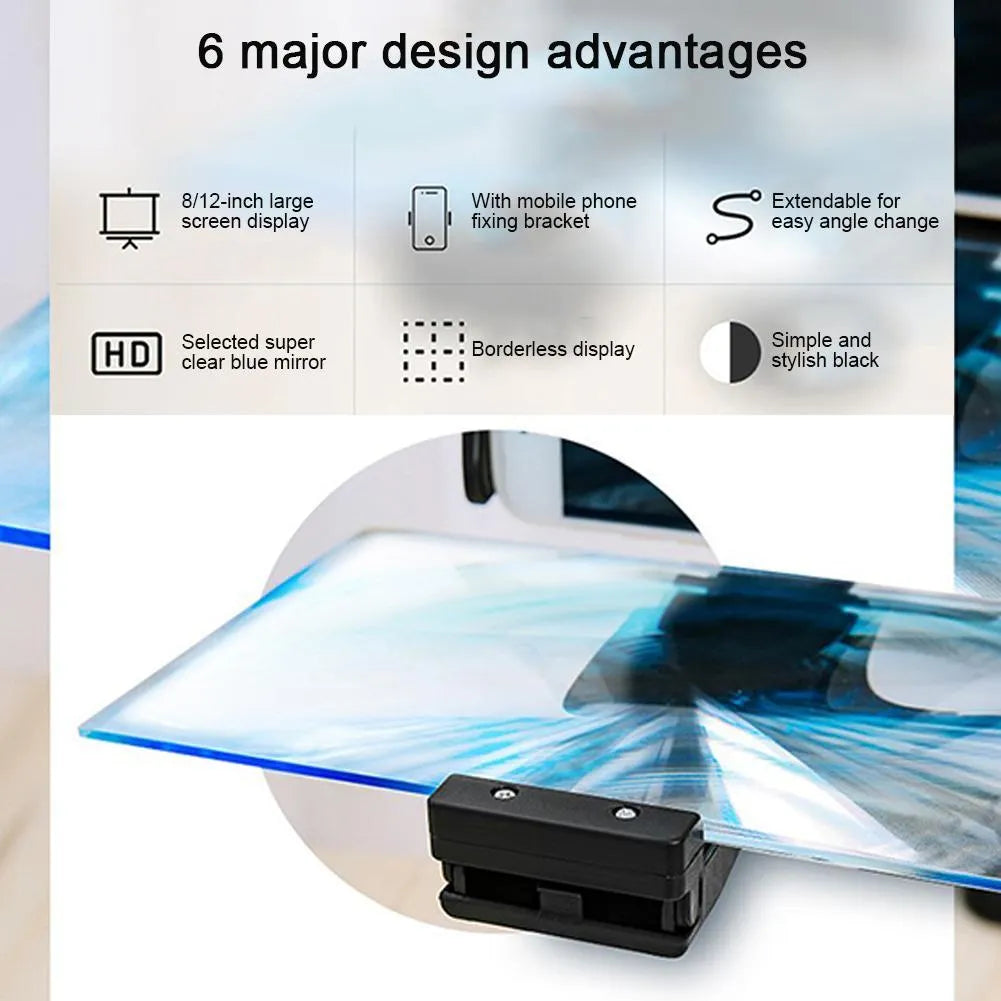 Black mobile phone screen amplifier with 12-inch display on adjustable folding bracket