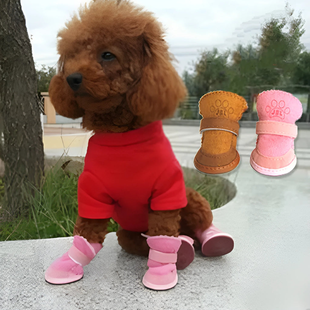 Coffee coloured dog snow boots with cotton mesh upper and non-slip sole, size No.2, on a white background