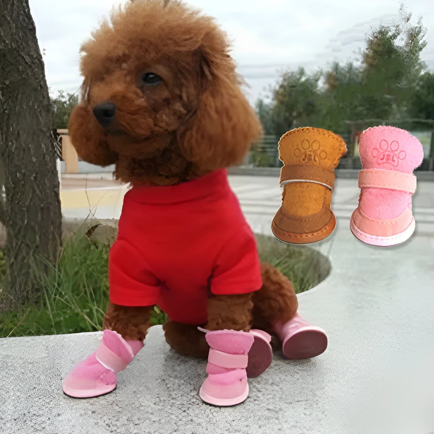Coffee coloured dog snow boots with cotton mesh upper and non-slip sole, size No.2, on a white background