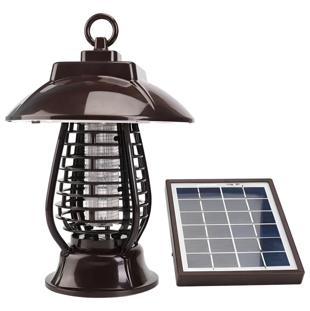White solar-powered mosquito killer lamp with solar panel and LED lights for outdoor garden insect control
