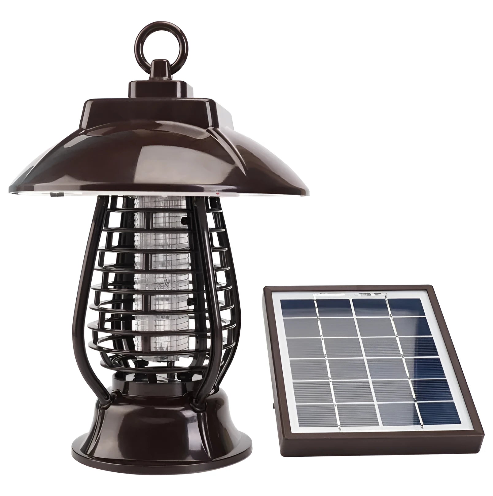 White solar-powered mosquito killer lamp with solar panel and LED lights for outdoor garden insect control