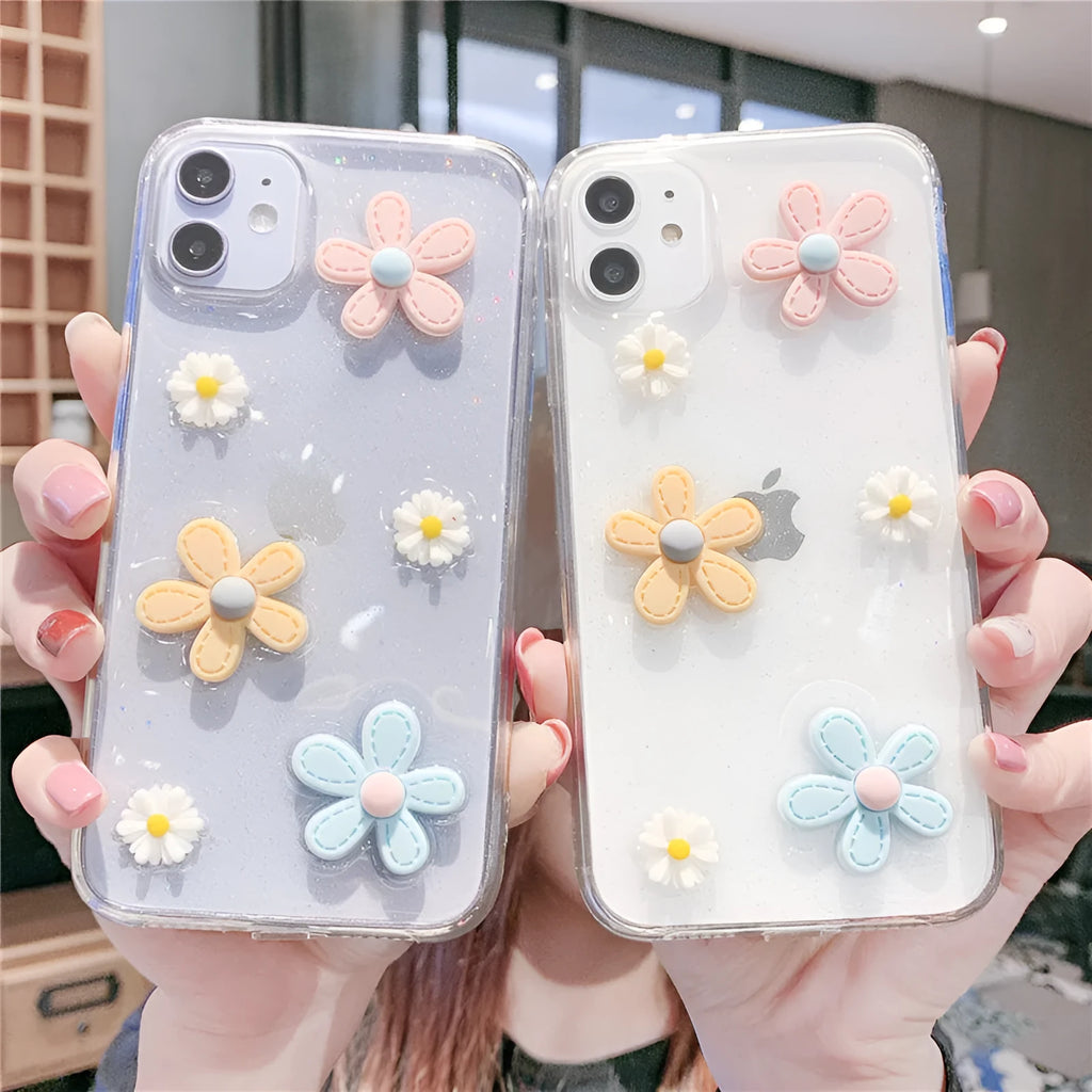 Soft rubber iPhone case with pink girl heart and New Year flower design on a white background.