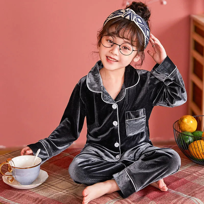 Children's gold velvet solid color pajamas set in cotton, 7 colours, sizes 6-18