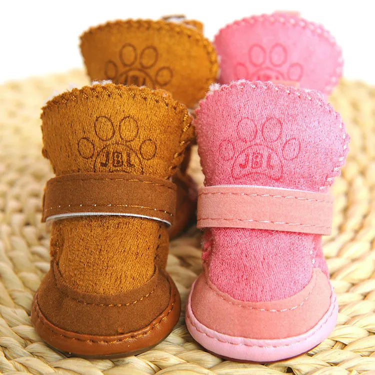 Coffee coloured dog snow boots with cotton mesh upper and non-slip sole, size No.2, on a white background