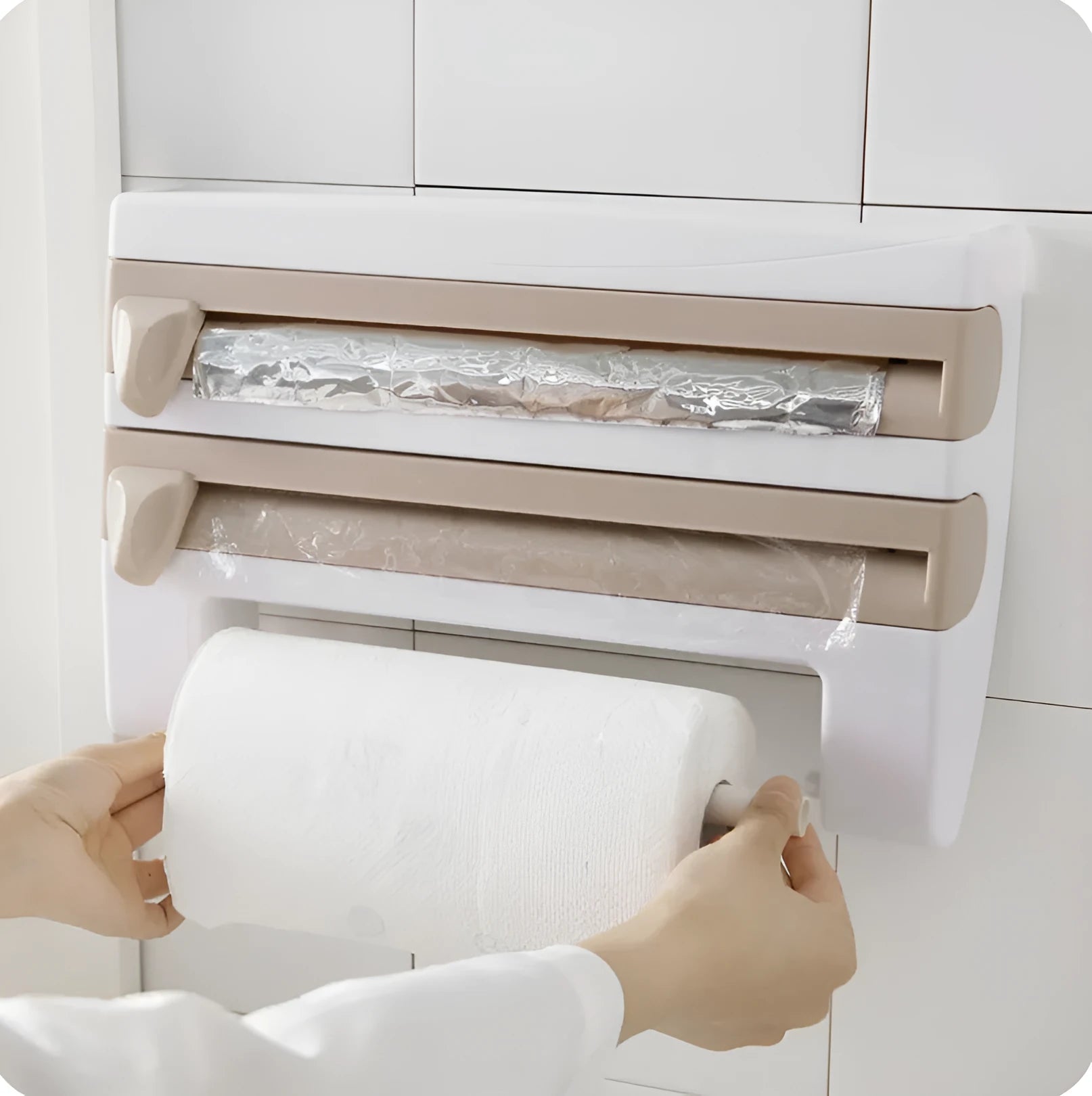 Multifunction wall-mount cling film storage rack with cutter and paper towel holder in a modern kitchen
