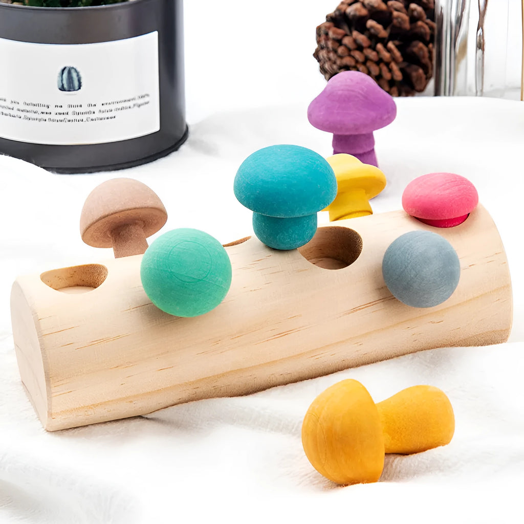 Wooden simulation mushroom picking game puzzle toy in wood colour on white background