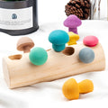 Wooden simulation mushroom picking game puzzle toy in wood colour on white background
