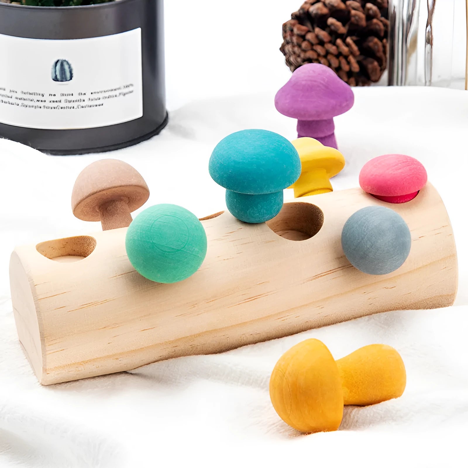 Wooden simulation mushroom picking game puzzle toy in wood colour on white background
