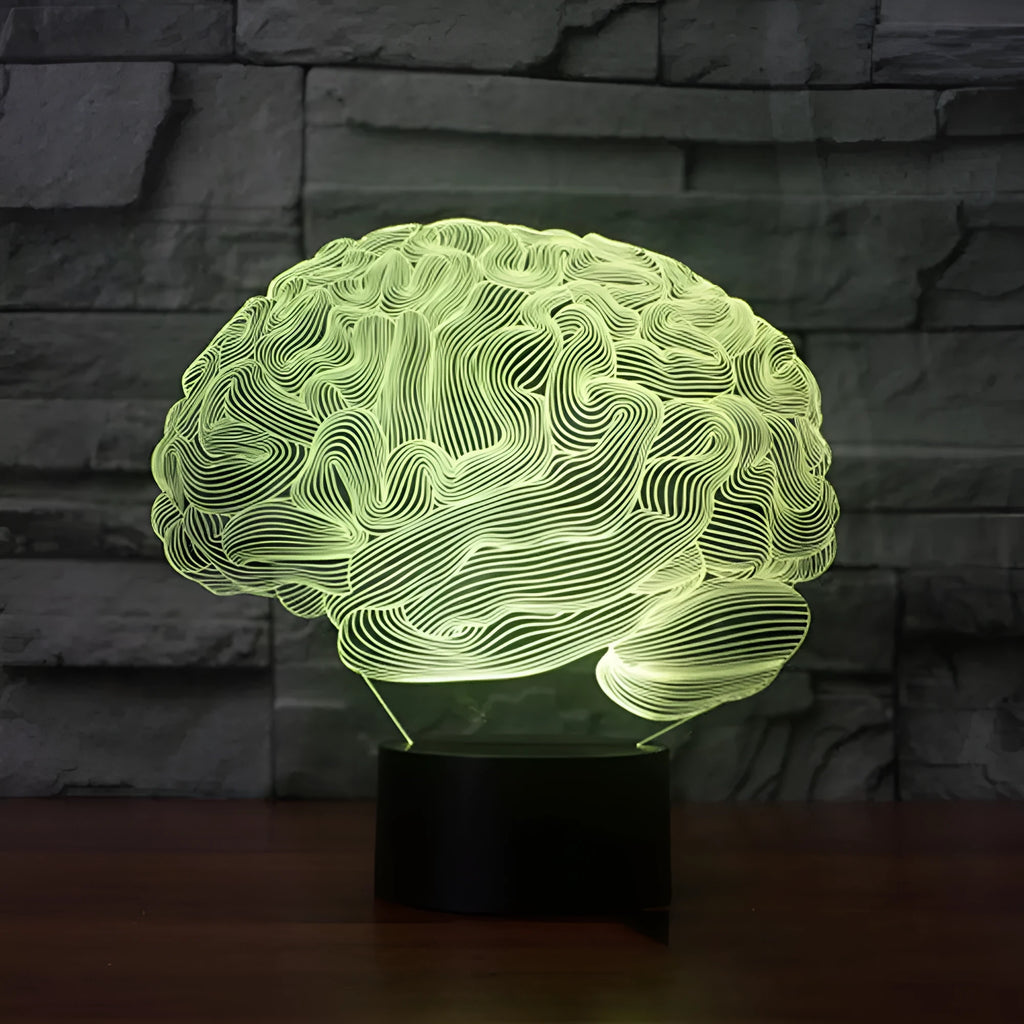 3D acrylic brain illusion LED desk lamp with colour-changing lights on black ABS base