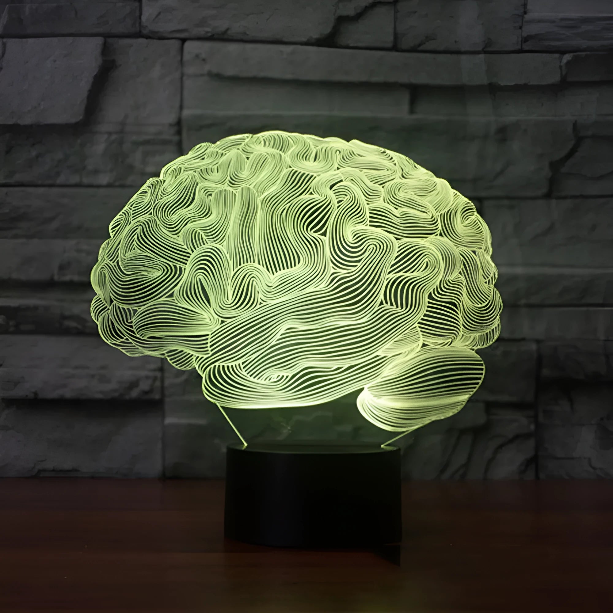 3D acrylic brain illusion LED desk lamp with colour-changing lights on black ABS base