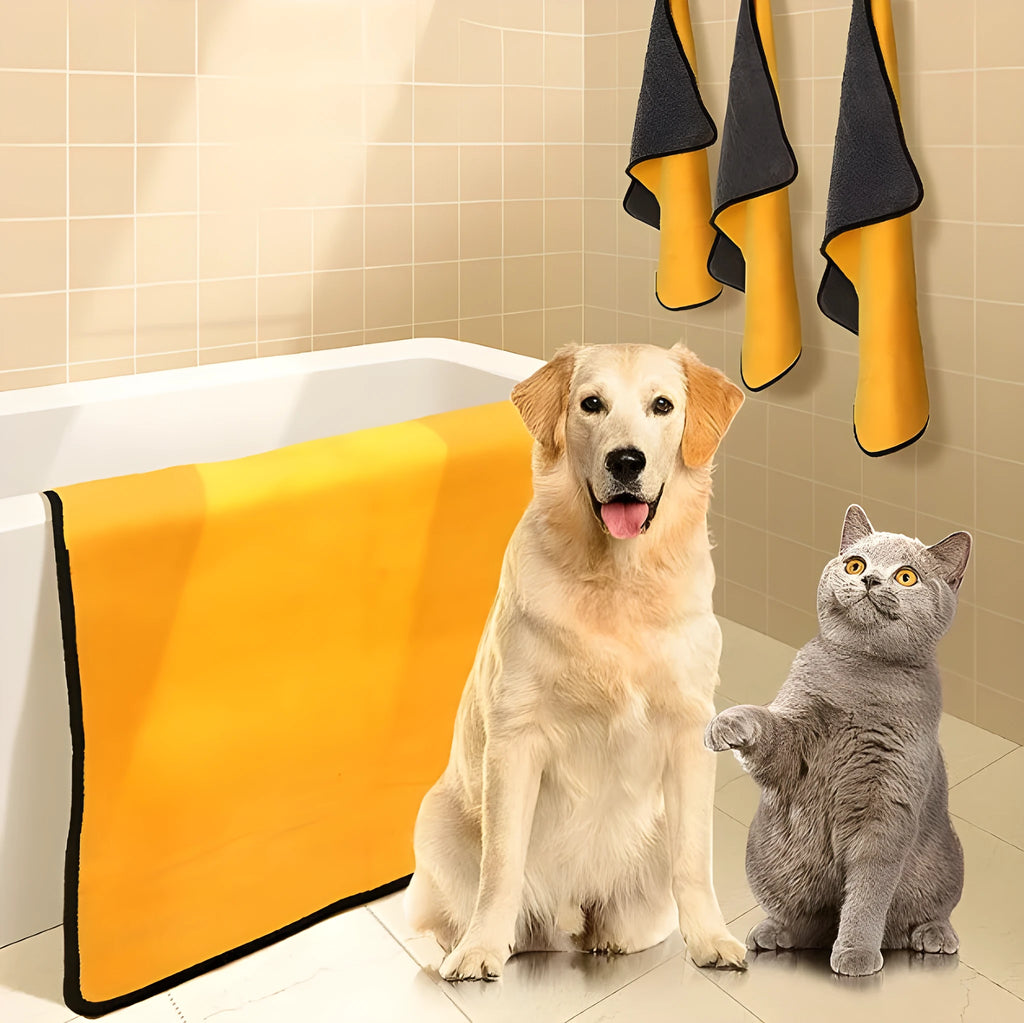 Dog absorbent bath towel in three sizes made from grey microfiber material