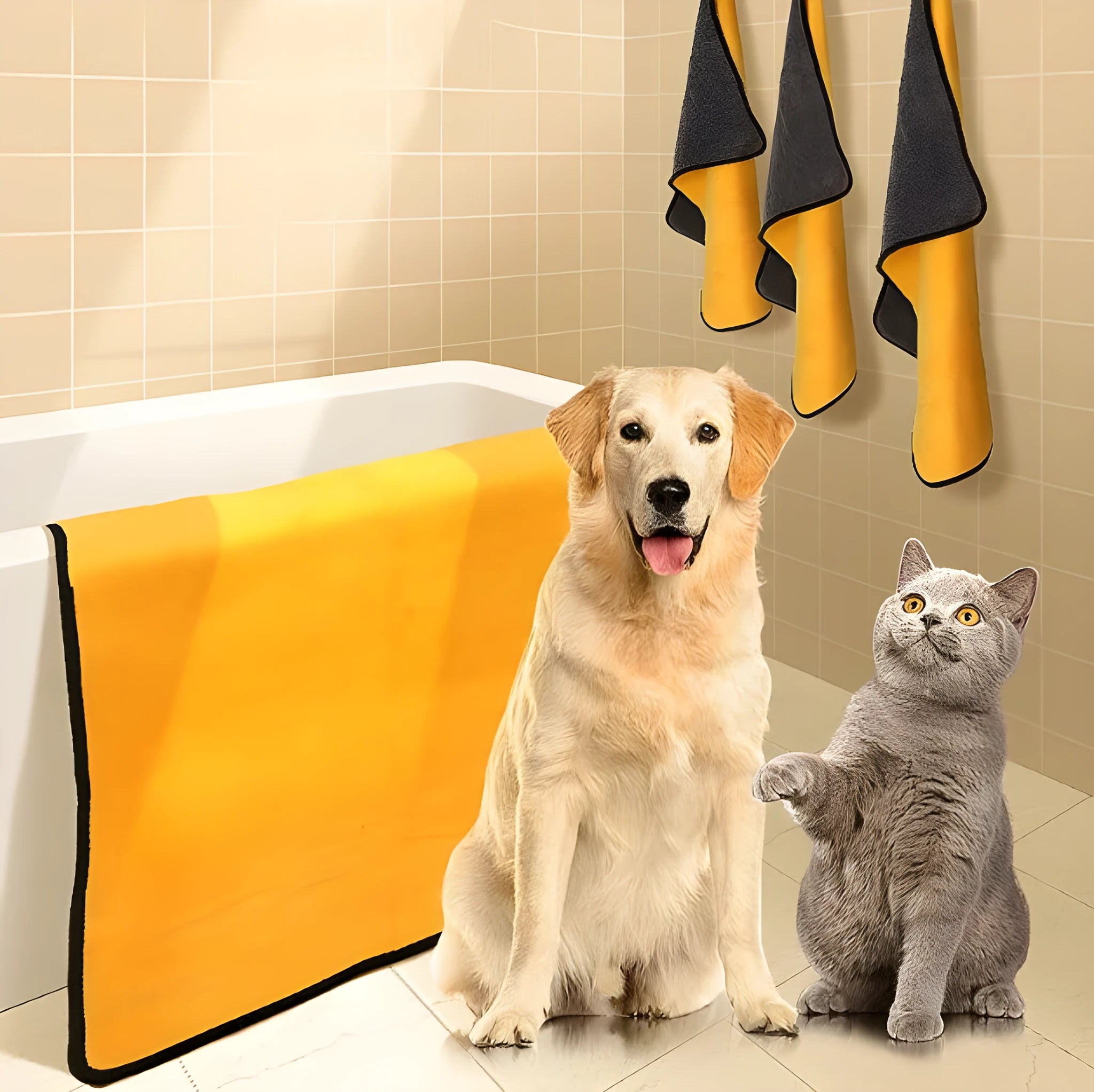 Dog absorbent bath towel in three sizes made from grey microfiber material