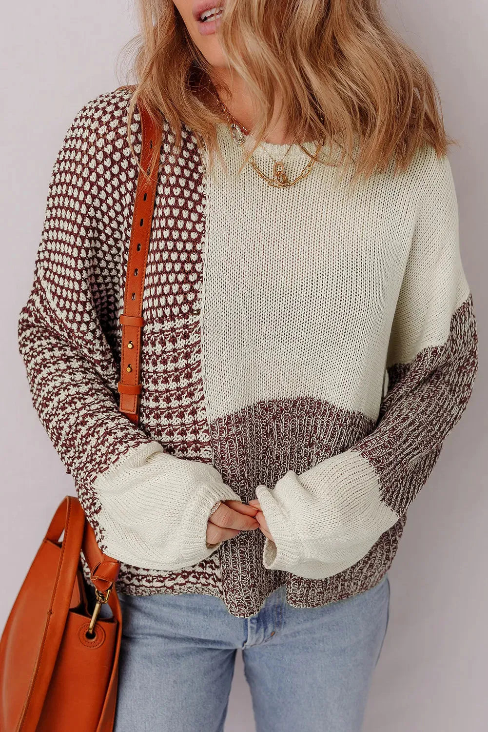 Dark khaki colour block women's sweater with drop shoulders and a back tie detail.