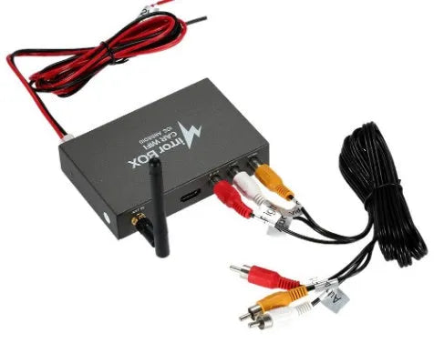 Black car mirror link box Wi-Fi converter with antenna, power cable and AV cable for streaming phone to car screen.