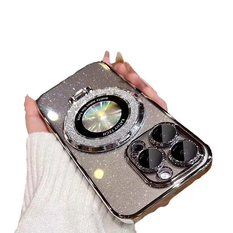 Starry Sky glitter magnetic bracket phone case with lens protector for iPhone, silver gray color
