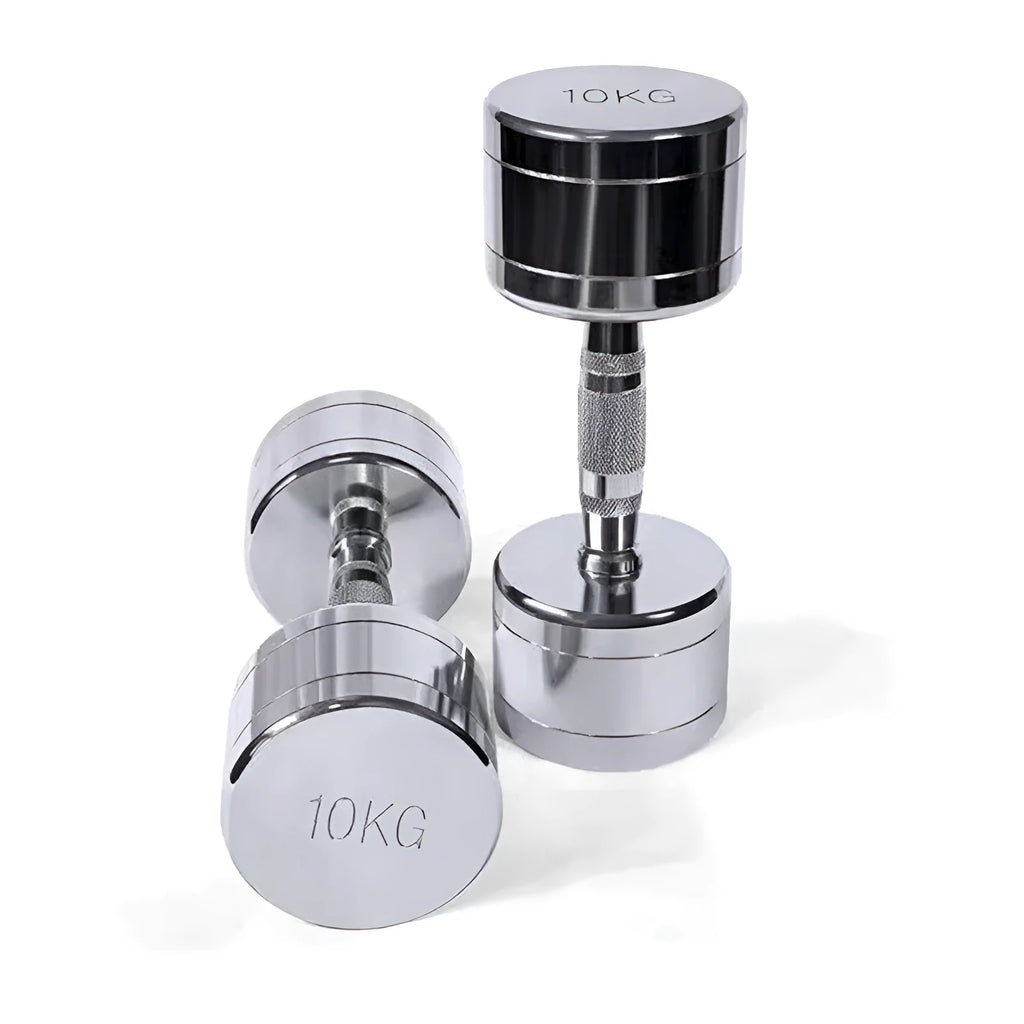 Pure steel electroplated dumbbell with silver finish and date-core rod handle