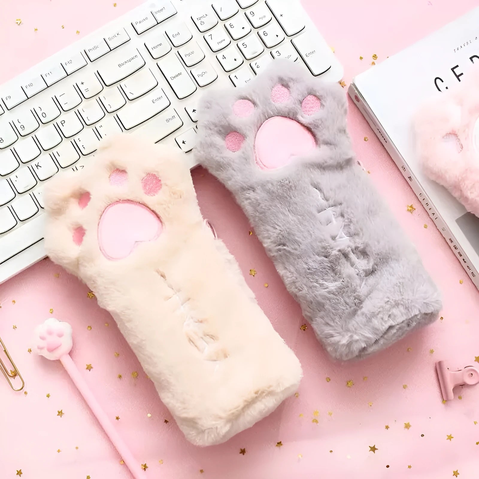 Cute plush cat paw bag Korean style in soft plush fabric, 23cm by 12.5cm, available in beige brown grey pink