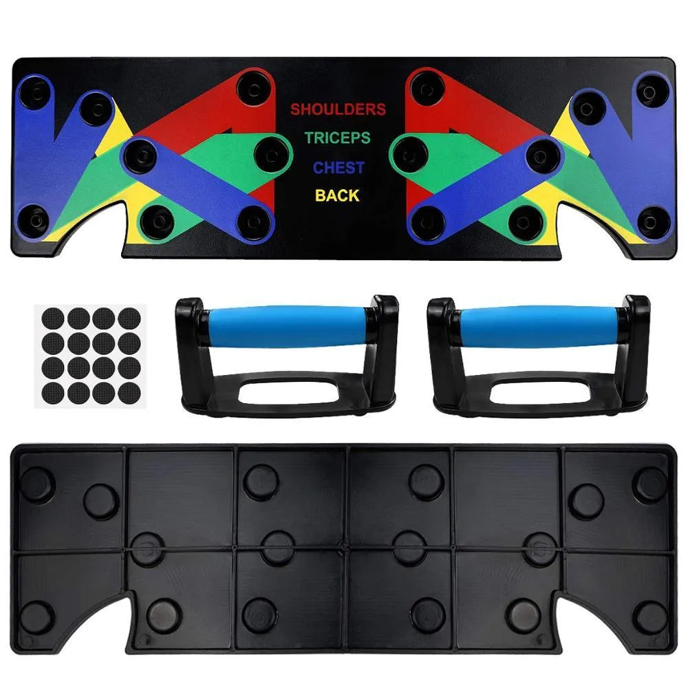 9 in 1 push up rack training board with colour-coded chest, shoulders, back, and triceps zones, leather mat, and two foam handbars