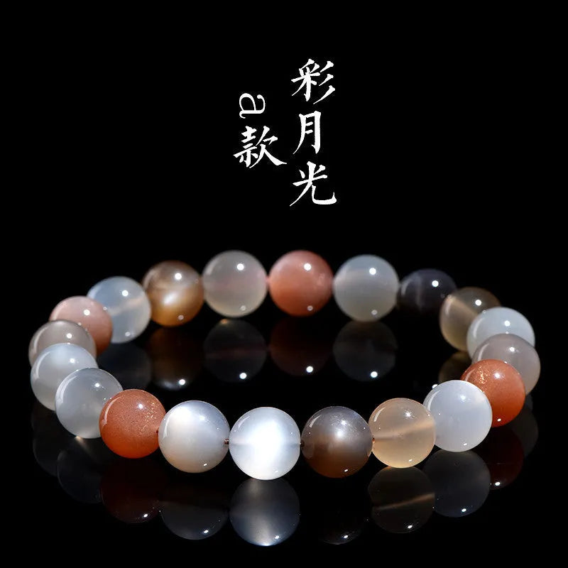 Natural moonstone bracelet with colourful moon light design showing 8mm single circle construction