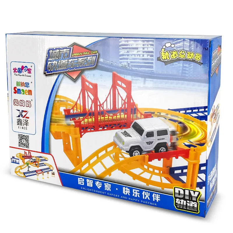 Electric high-speed rail toy set in grey on a surface showing train on track, packed size 30.5 x 8 x 22cm