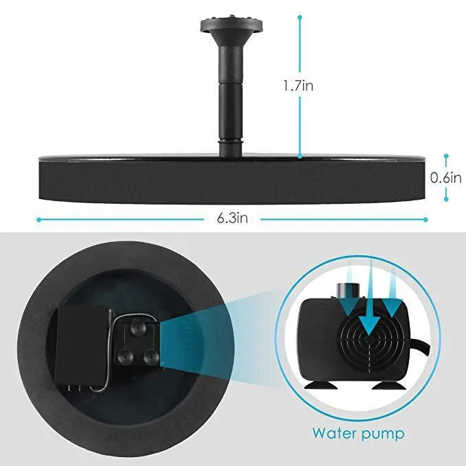 Solar floating fountain with round black panel and four spray nozzles on water surface