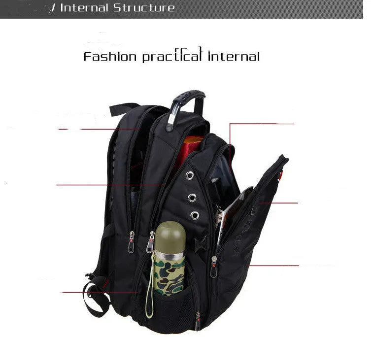 Black travel outdoor backpack with polyester waterproof finish, hard handle, metal details, and shoulder pad on a white background