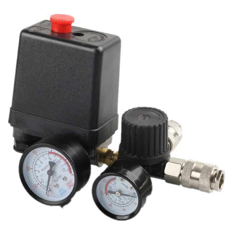 European air compressor pressure regulating valve assembly with adjustable pressure switch