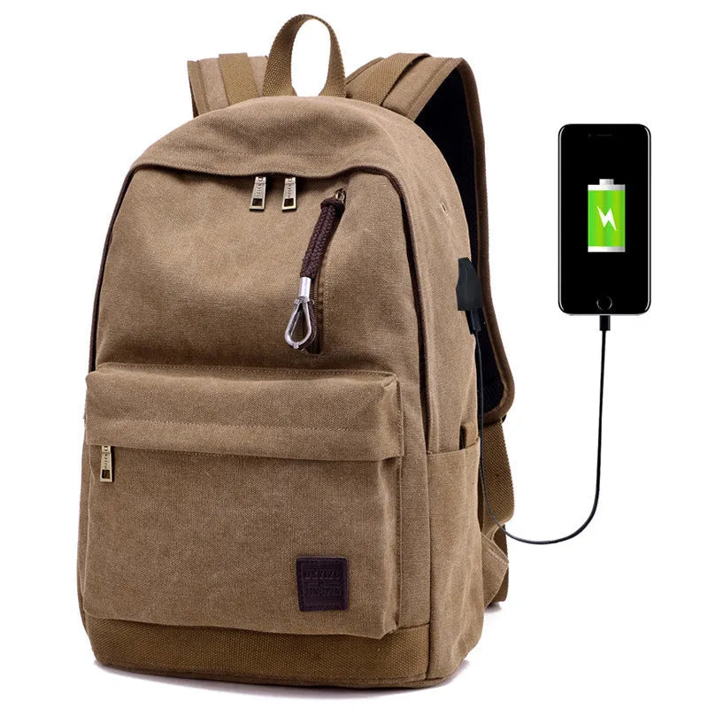 Canvas backpack with USB charging port and multiple pockets including a laptop compartment