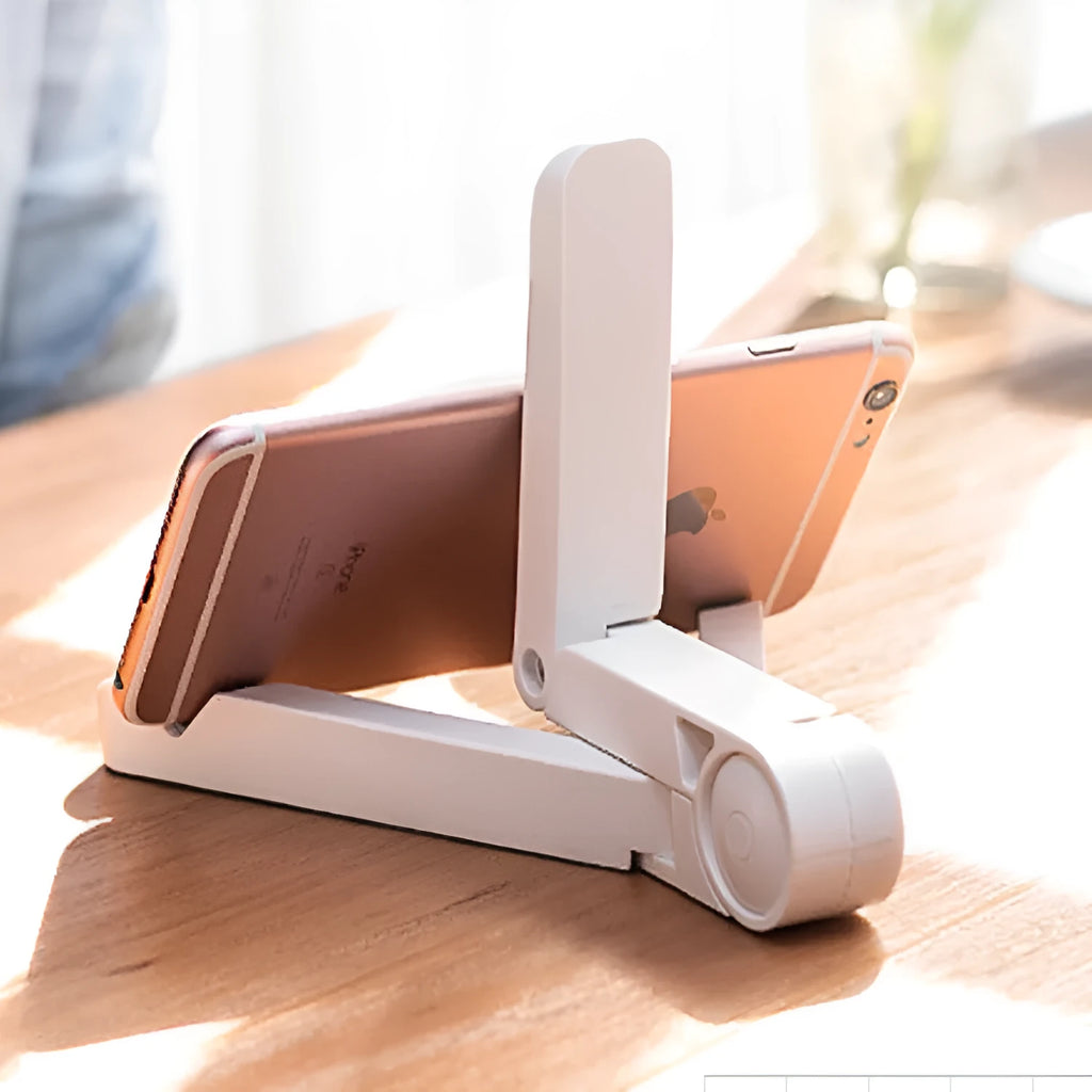 Foldable tablet holder in black showing both folded flat and opened positions with smartphone mounted