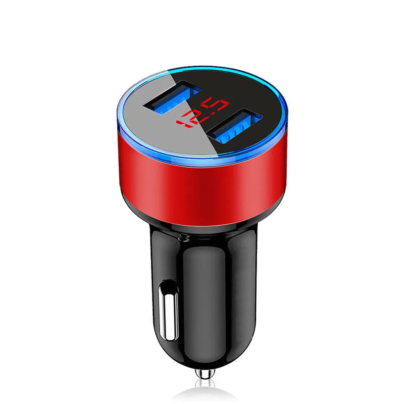 Aluminium alloy car charger with digital display in black, showing USB port and metal casing