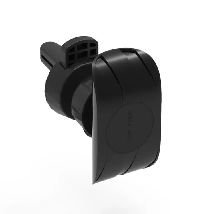 Black car phone holder attached to vehicle air vent with phone securely mounted