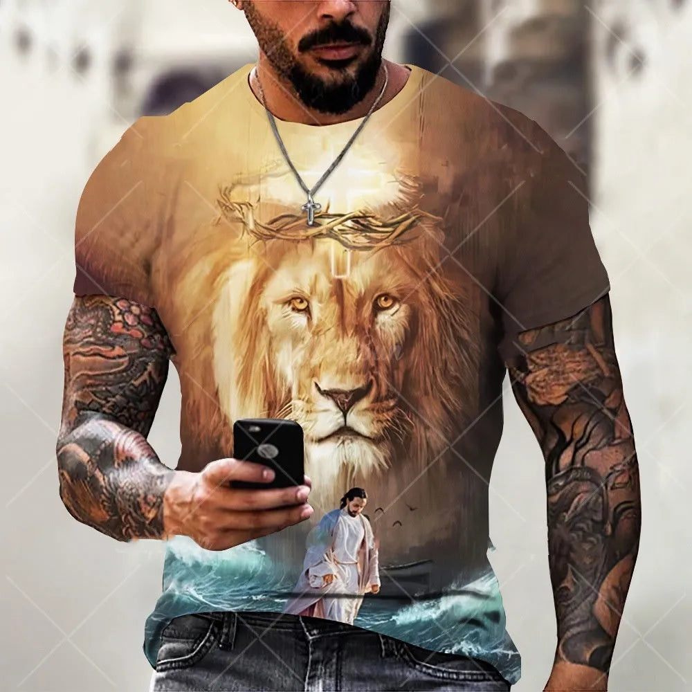 Front view of a men's grey t-shirt with a 3D printed Jesus pattern on the chest.