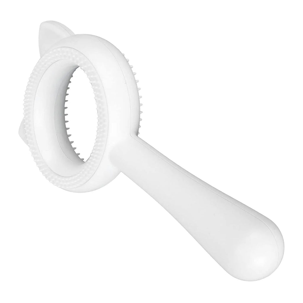 Blue and white double-sided pet grooming brush with deshedding and massage comb functions
