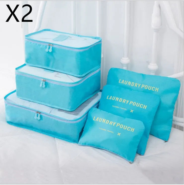 6 piece polyester travel storage bag set in hand bag type shape for clothes and cosmetic organisation, various colour options