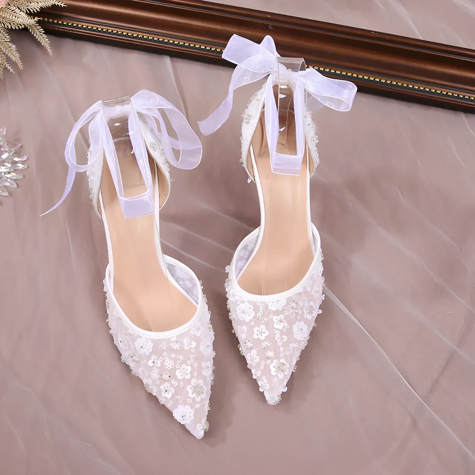 Women's French style sequin hollowed sandals with satin upper and pointed toe, white colour