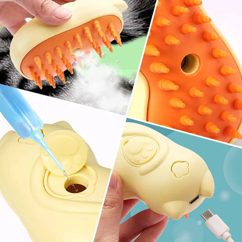 Pet steamy brush grooming tool with 3-in-1 functionality for cats and dogs