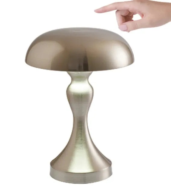 Metallic finish desk lamp with touch control and USB charging cable on a wooden desk