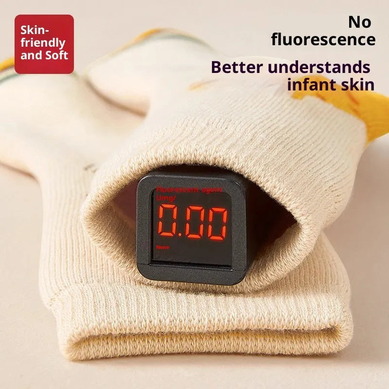 Baby socks with thick thermal construction, wool-lined fur edge, and cute cartoon giraffe print on polyester fibre fabric