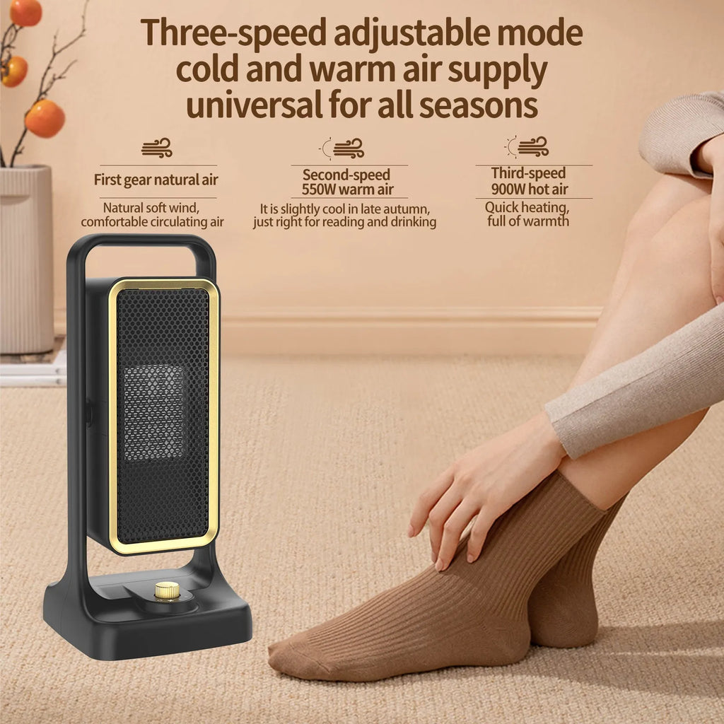 HQ-500A black desktop PTC ceramic heater with knob control, compact size 14.9x11.1x33.5cm.