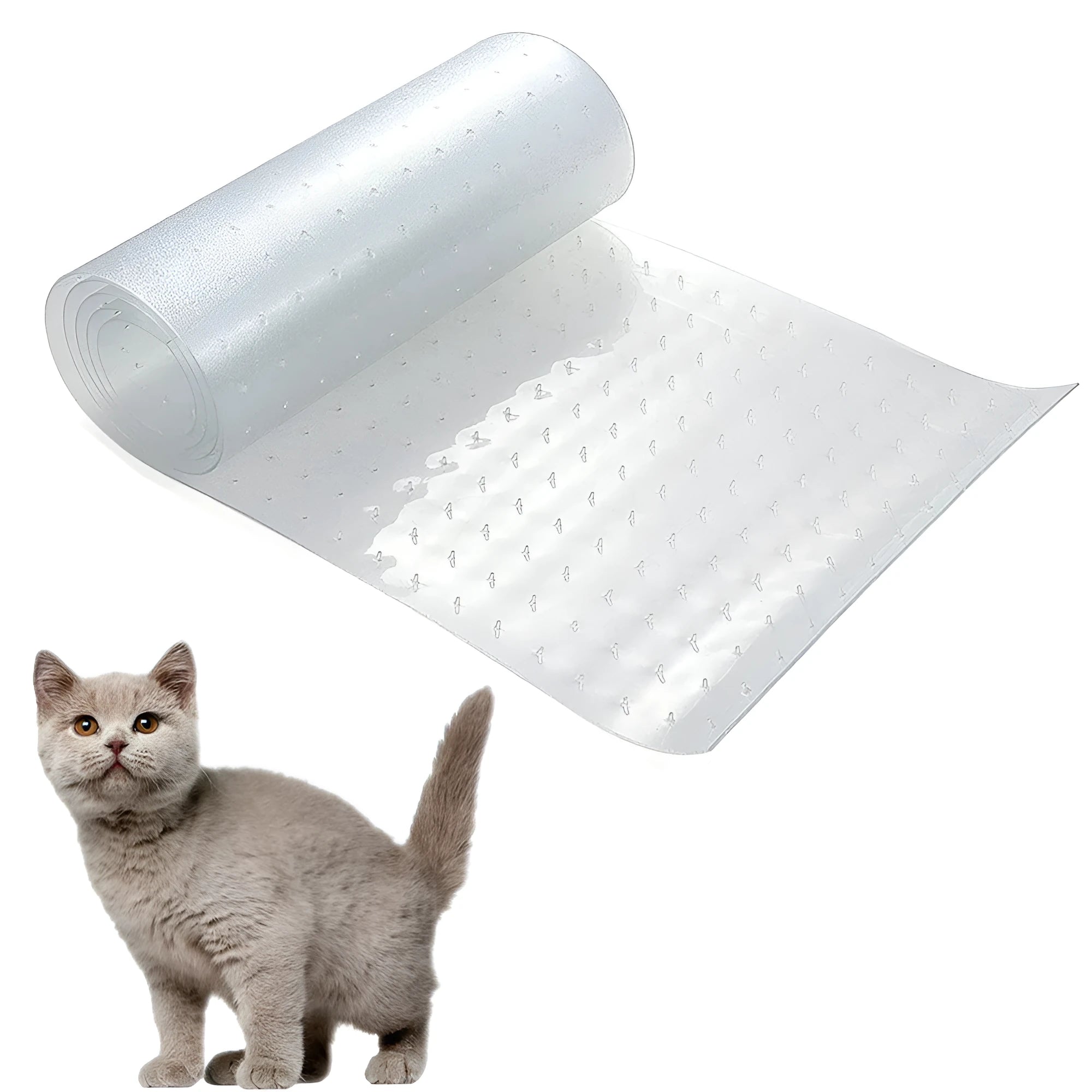 Transparent PVC cat scratch protective pad on a carpet at a door threshold, featuring anti-scratch wear-resistant surface
