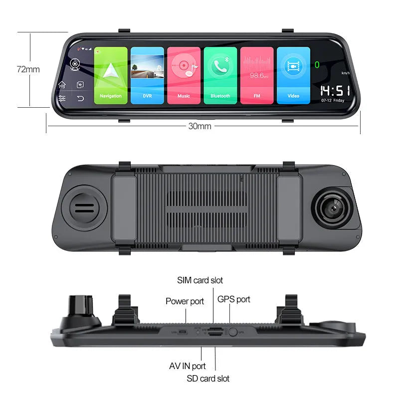 10 inch streaming media rearview mirror driving recorder with touch screen and front rear cameras
