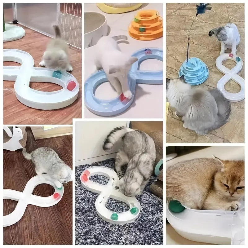 Blue and white cat toy set with turntable track ball system, teasing stick, and multiple balls
