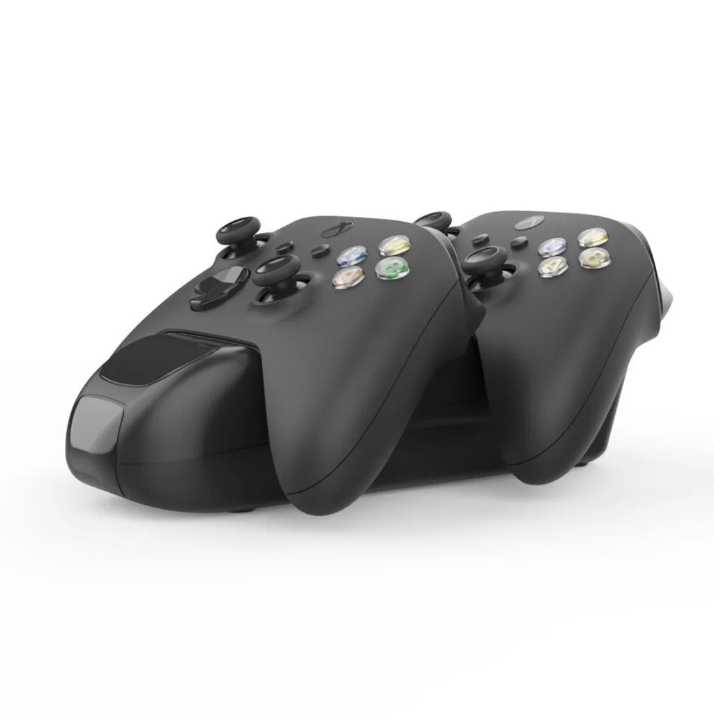 Black Xbox Series X twin controller charging dock with LED lights, showing two controllers on charge.