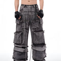 Grey distressed denim men's overalls with rope stitching and mop pant leg style