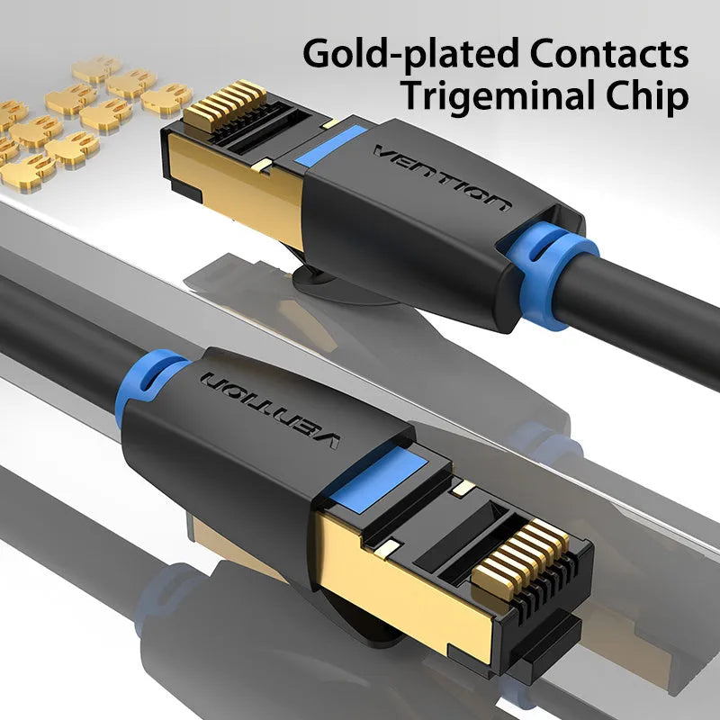 CAT8 flat and round Ethernet network cables with RJ45 connectors in various lengths from 0.5 to 10 metres.
