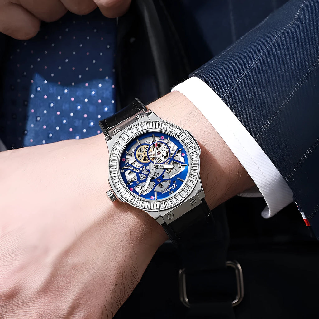 Automatic mechanical men's watch with hollow movement and diamond studs on white shell case