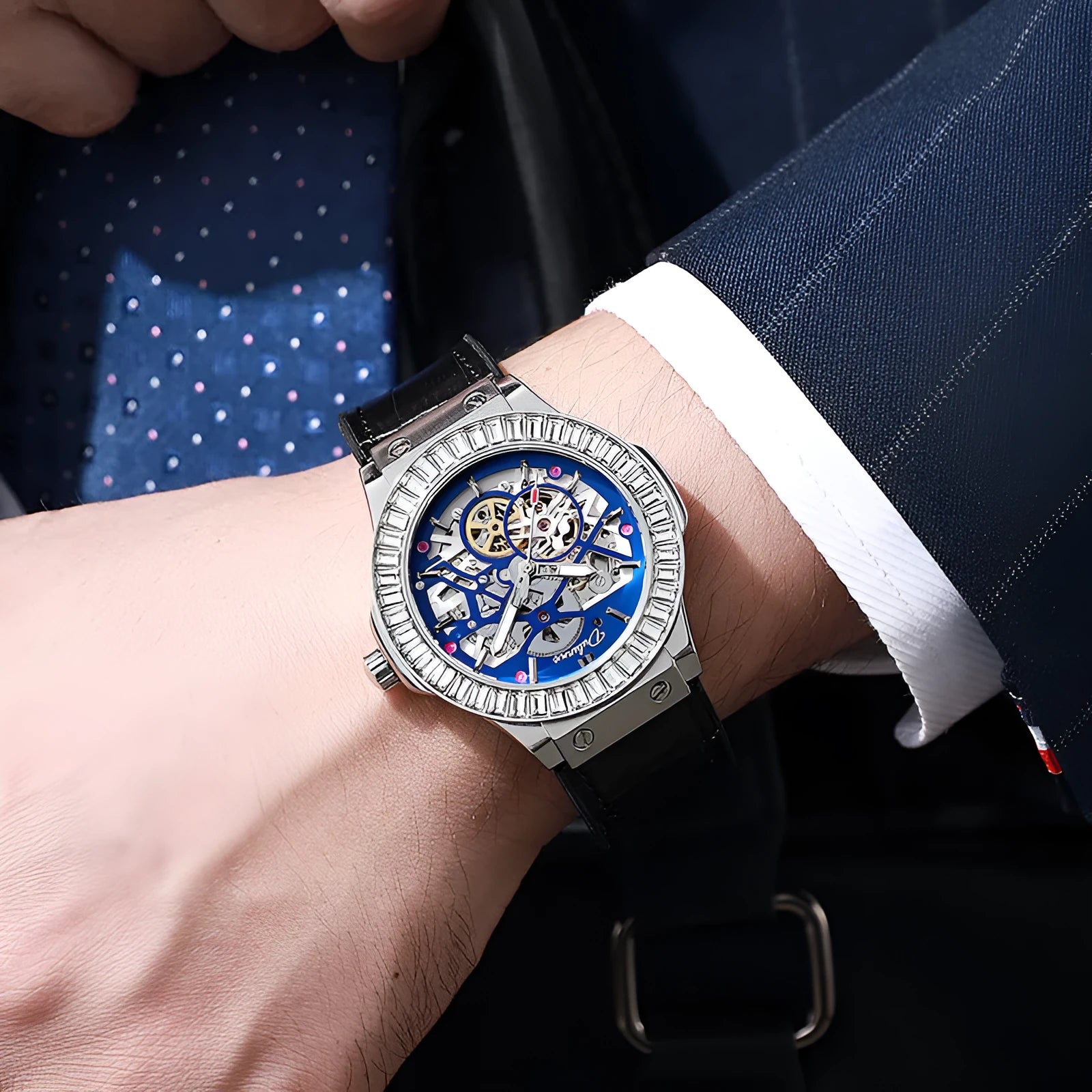 Automatic mechanical men's watch with hollow movement and diamond studs on white shell case