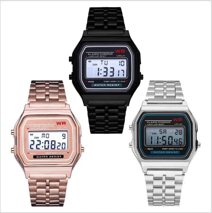 WR F91W steel band electronic watch with square dial and number display on stainless steel strap