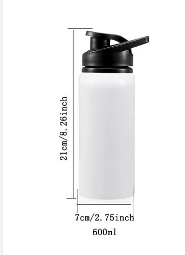 White aluminium sports water bottle shown with 600ml and 750ml capacity options
